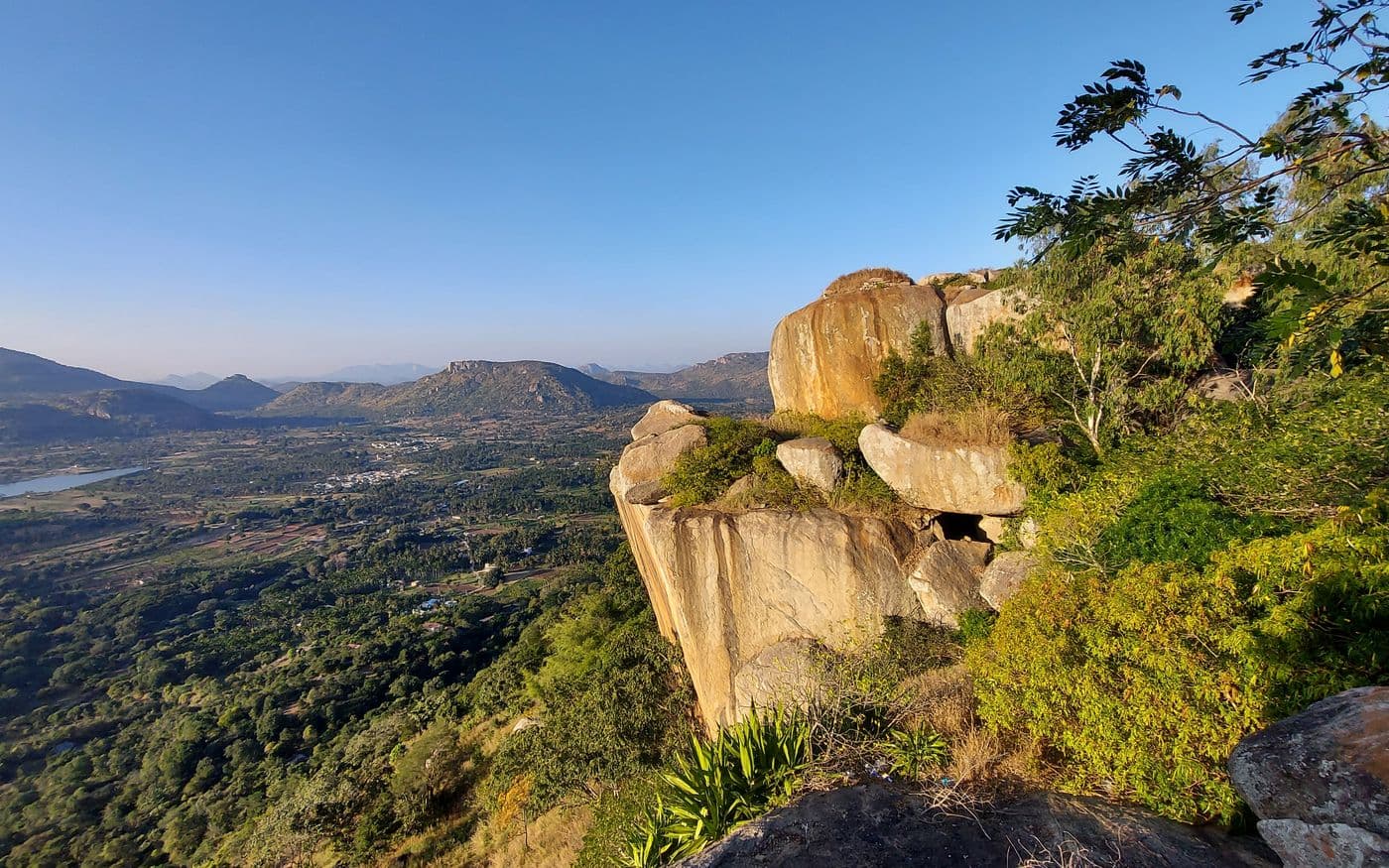 The forested hill and temple at Devarayanadurga, Tumkur district