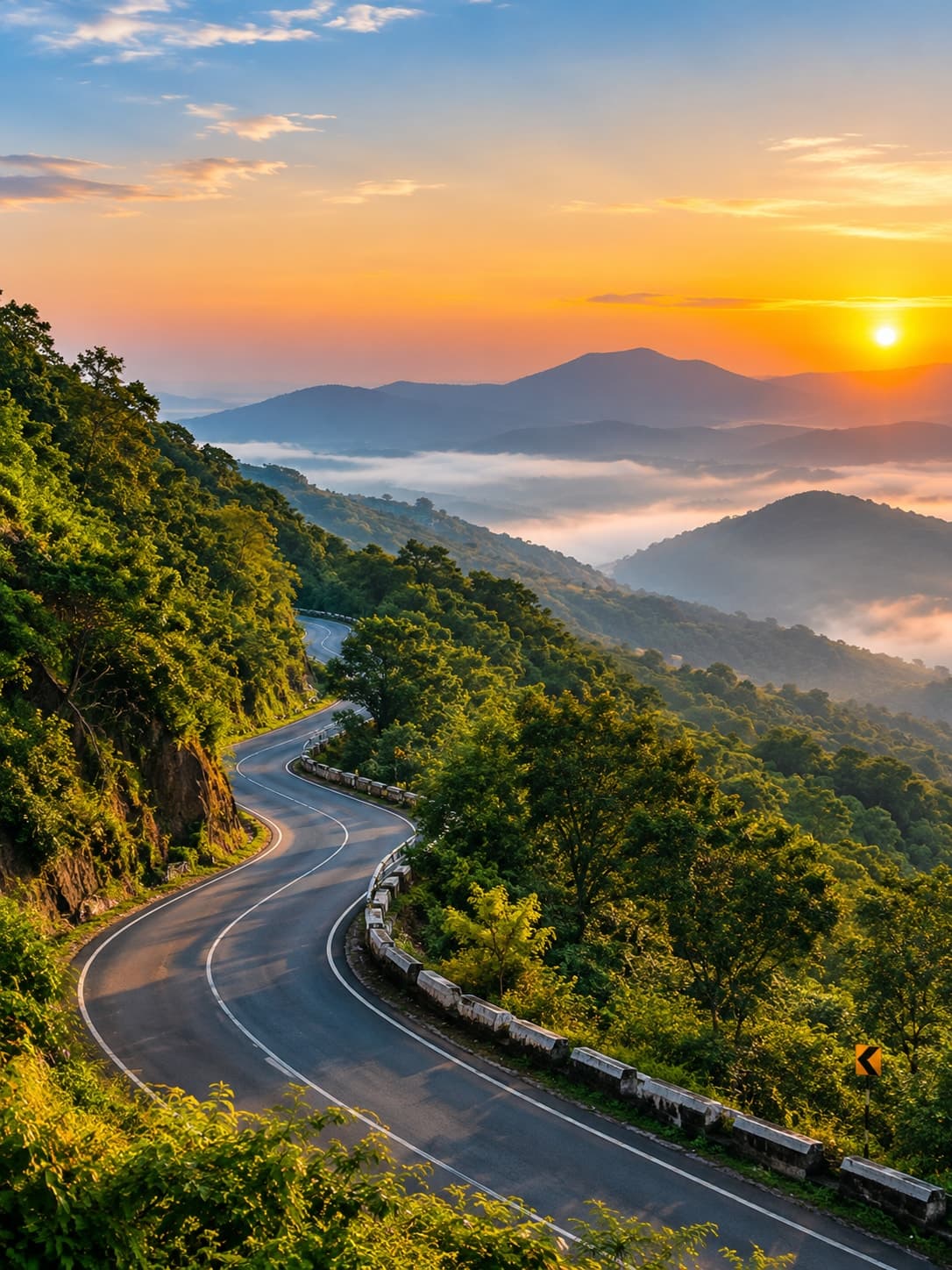 A hill road winding down through forested slopes at sunrise, Andhra Pradesh